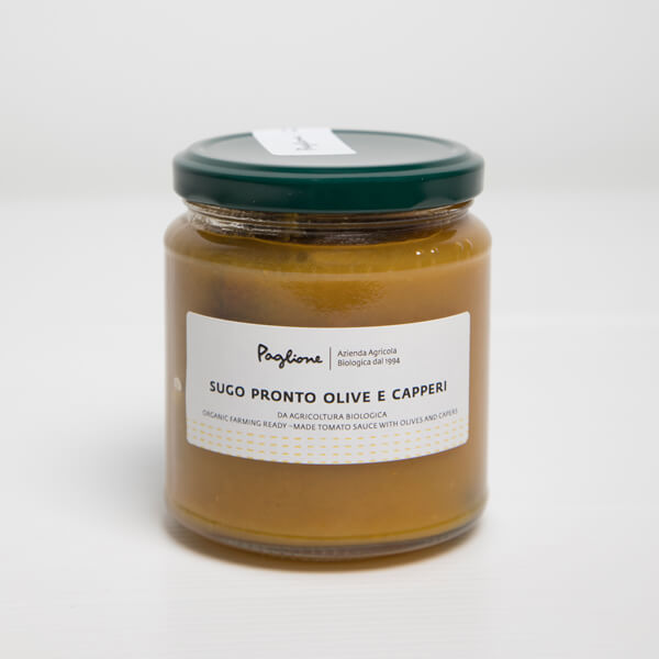 BIO geltonųjų pomidorų padažas su kaparėliais ir alyvuogėmis