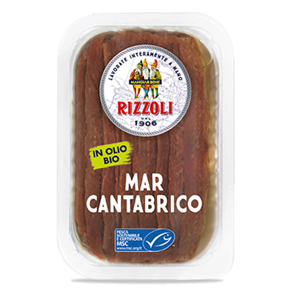 Kantabrijos RIZZOLI ančiuvių filė organiniame sėklų aliejuje