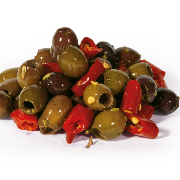 Leccino alyvuogės su prieskoniais ir aitriąją paprika, be kauliukų